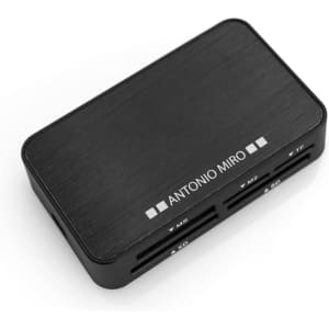 A black card reader with multiple slots for various types of memory cards, featuring a logo on the surface.