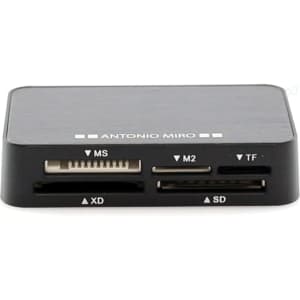 A black card reader with multiple slots for different memory card types, featuring a branding logo on top.