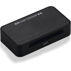 A black card reader with a sleek design, featuring a slot for CompactFlash cards and a branding logo on top.