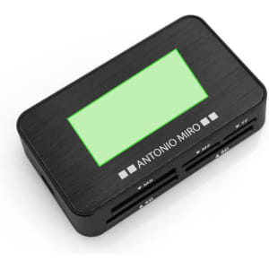 A black card reader with multiple slots and a green display, featuring a branding logo.