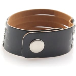 A black leather bracelet with decorative studs and a snap closure, featuring a smooth interior.