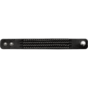 A black bracelet featuring a row of studs and two snap fasteners at each end. It has a sleek design.
