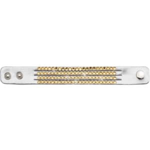 A metallic bracelet featuring silver and gold accents with decorative embellishments. It has a simple clasp and two holes.