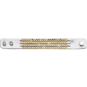 A bracelet featuring silver and gold tones with multiple rows of decorative studs and a snap closure.