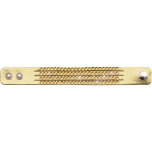A gold bracelet with multiple rows of decorative studs and a closure at one end. It features a simple, elegant design.