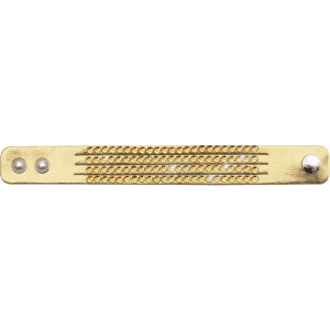 A gold bracelet featuring textured embellishments and silver accents, with a minimalist design and logo.