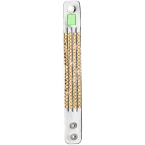 A bracelet featuring gold-tone accents and a white base, with a green square and a logo.