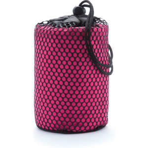 A pink absorbent towel packaged in a mesh storage bag with a drawstring closure. Contains a logo.