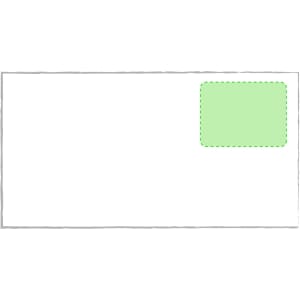 A blank white envelope with a small green area in the top right corner, featuring a logo or branding.