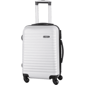 A wheeled bag in silver with a ribbed design and extendable handle. It features multiple wheels for easy manoeuvrability.