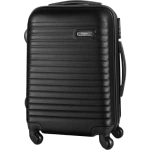 A black, wheeled trolley bag with a textured surface and a logo, featuring four wheels and a side handle.