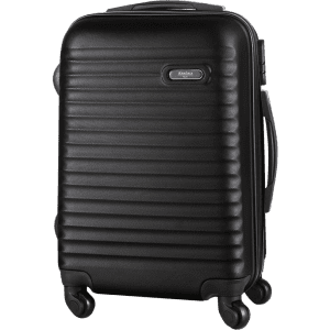 A black wheeled trolley bag with a textured surface and a handle, featuring four wheels and a logo.