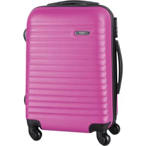 A pink wheeled trolley bag with a textured design, featuring a top handle and a branding logo.