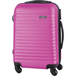 A pink wheeled bag featuring a textured surface and a black handle. It has four wheels for easy mobility.