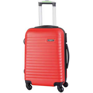 A red wheeled trolley bag with a hard shell, featuring smooth wheels and a retractable handle.