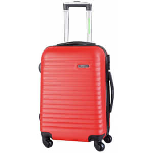 A red wheeled trolley bag with a textured exterior and retractable handle. It features four wheels for easy mobility.