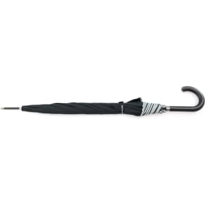 A black umbrella with a hook handle and a grey striped band. It features a logo on the fabric.
