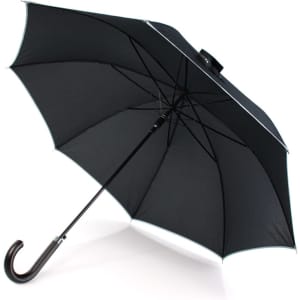 A black umbrella with a curved handle and a logo, showcasing a classic design for outdoor use.