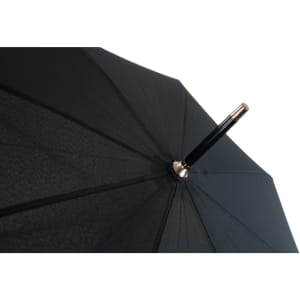 A black umbrella with a silver collar and a sturdy handle, featuring a sleek design.