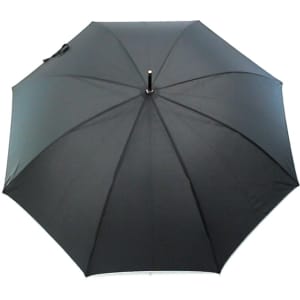 A black umbrella with a sturdy handle and a smooth canopy. Features a logo on the handle.
