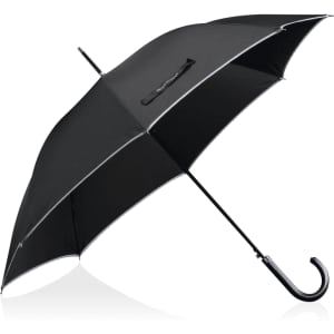 A black umbrella with a curved handle and a logo. Features a sleek design with a contrasting trim.