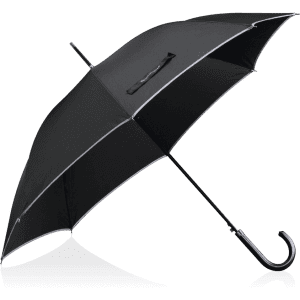 A black umbrella with a curved handle and a subtle silver trim, featuring a logo on the fabric.