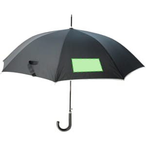 A black and white umbrella featuring a handle and a blank section for branding or logos.