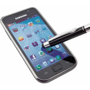 A black stylus touch ball pen interacts with a smartphone screen displaying various app icons. The phone has a sleek design.