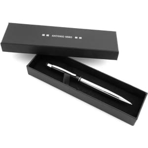 A silver stylus touch ball pen inside a black box, featuring a logo on the pen and box.