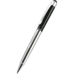 A sleek black and silver stylus touch ball pen with a clip and a rounded tip for touchscreens.