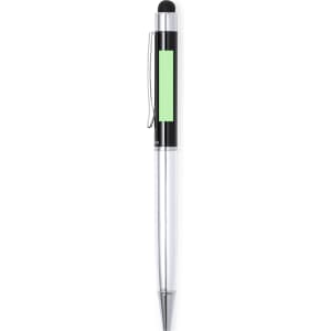 A silver ballpoint pen with a black grip and a green accent, featuring a stylus tip and a clip.
