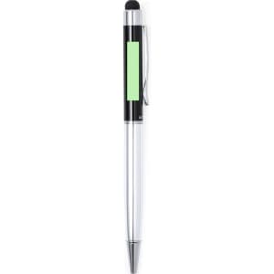 A silver ball pen with a black top and a green accent, featuring a stylus tip. It has a clip for easy attachment.