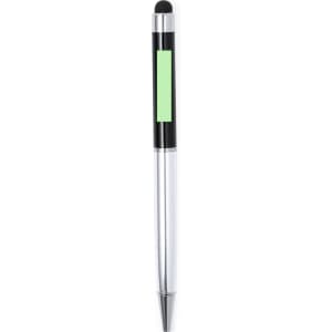 A silver ballpoint pen with a black grip and a green stylus tip at the top, featuring a branding logo.