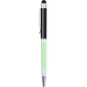 A black and clear stylus touch ball pen with a green grip. It features a clip and has a logo.