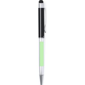 A stylus touch ball pen in black with a clear body and a green grip, featuring a logo.