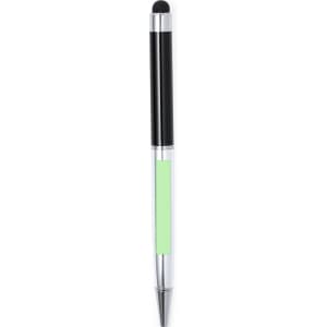 A green and silver stylus touch ball pen with a black top, featuring a branding logo.