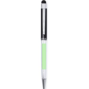 A stylus touch ball pen featuring a black top and a transparent body with a green accent. Contains a logo.
