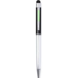 A sleek stylus touch ball pen in silver and black, featuring a green accent and a branding logo.