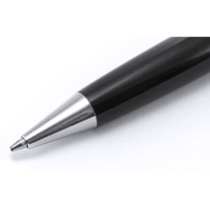 A black metal pen with a silver tip is prominently featured in the image. The pen has a sleek design and a logo on it.