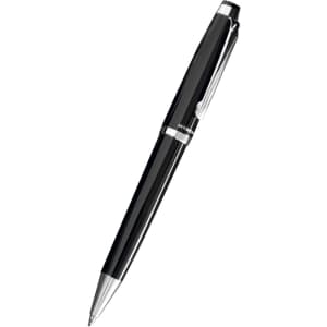 A black metal pen with a shiny finish and a silver clip, featuring a logo.
