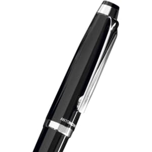 A metal pen in glossy black with a silver clip and accents, featuring branding.