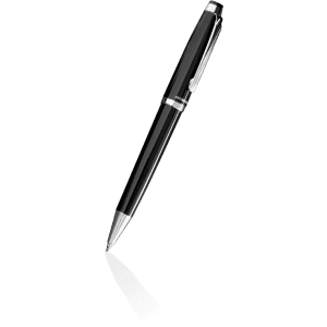 A sleek, black metal pen with a shiny silver accent and a clip, casting a shadow on a plain background.