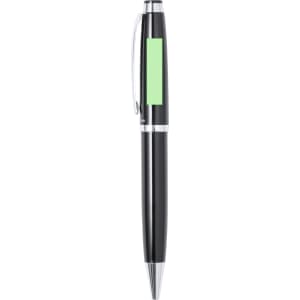 A sleek black metal pen with a silver clip and a green accent. It features a logo on its side.