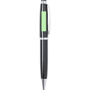 A metal pen in black with a green accent and a silver clip, featuring a small logo.