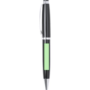 A black metal pen with a chrome clip and a green accent area. The pen features a logo.