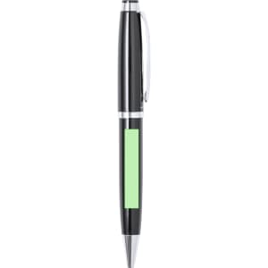 A sleek black metal pen with a chromed clip and a green accent section. It features a logo on its body.