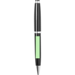 A metal pen in black with a green section, featuring a silver accent and a logo.