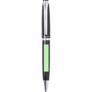 A metal pen with a sleek black body and silver accents, featuring a green section for customisation.