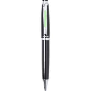 A metal pen featuring a sleek black body with a green accent and a chrome tip, along with a branding logo.