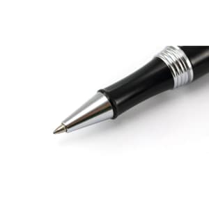 A black pen with a sleek silver tip and detailing. The pen features a logo on its body.